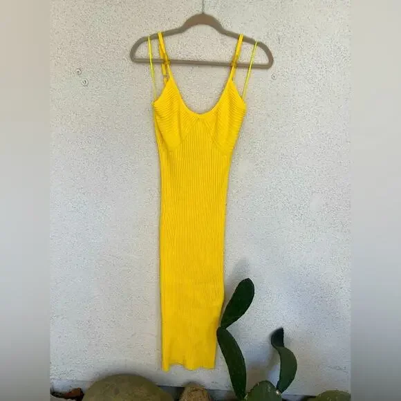 NWOT Revolve x House of Harlow 1960 Lemon Striped Ribbed Beaded Midi Dress small - Picture 6 of 9